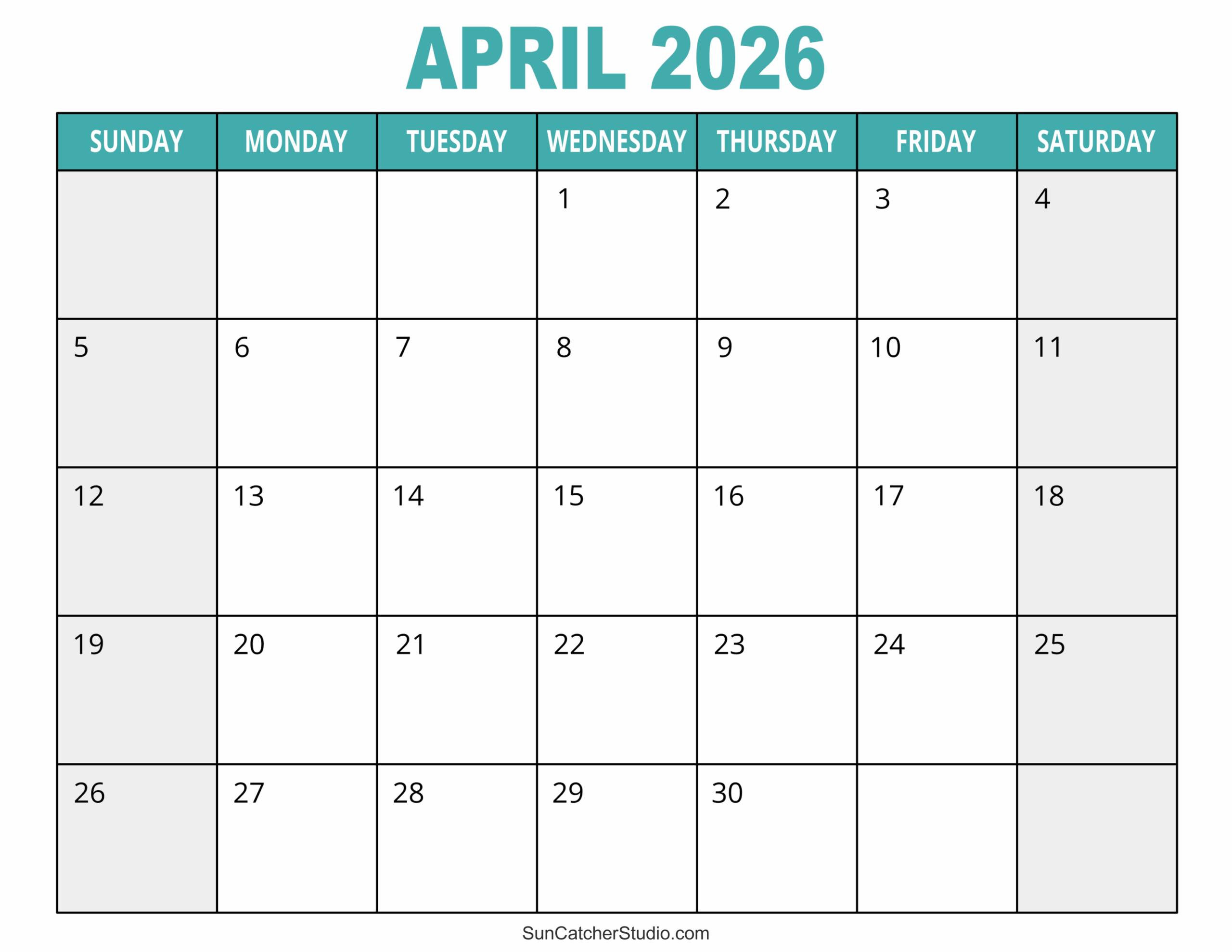 Blank Free Printable Monthly Calendar 2026