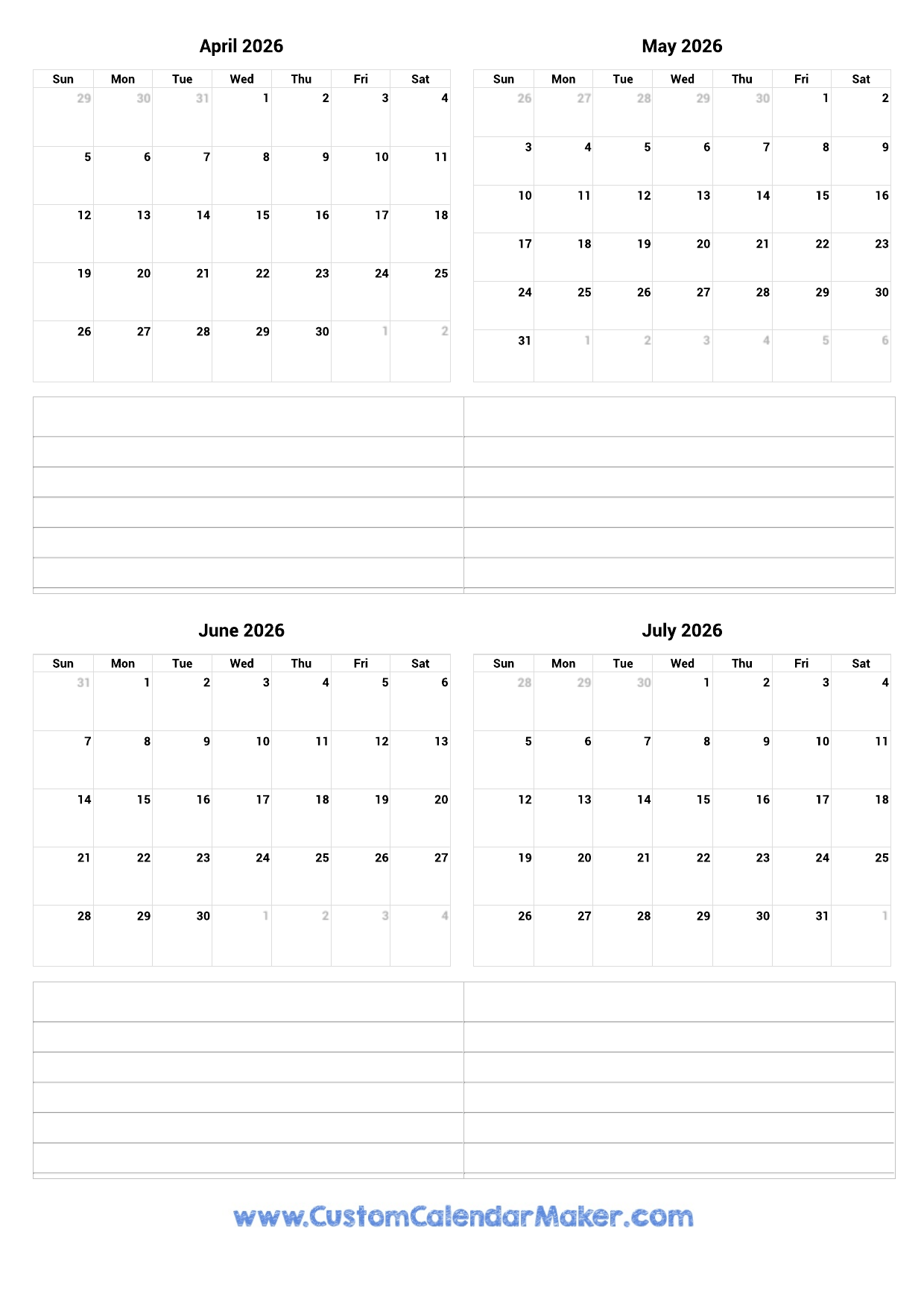Blank June July 2026 Calendar