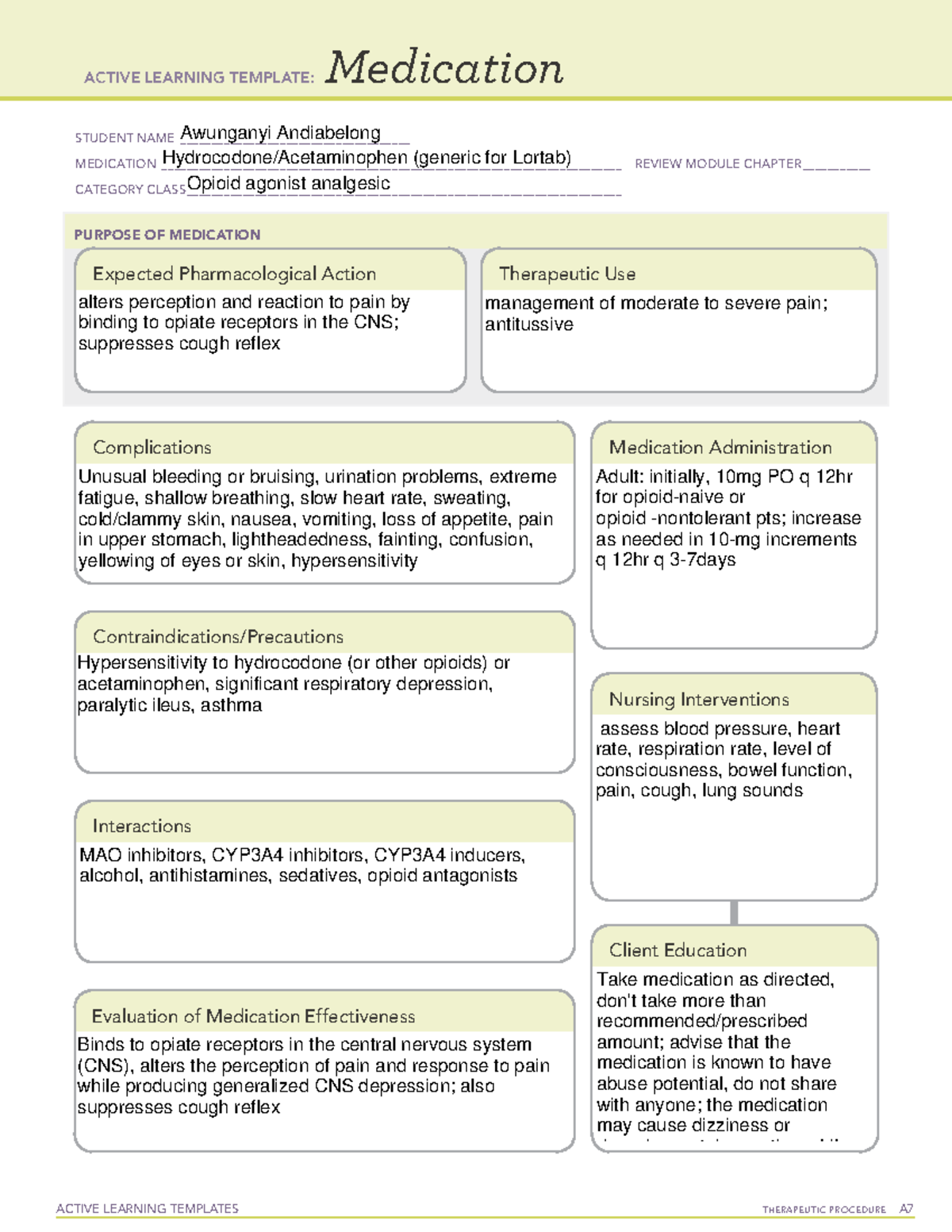 ATI Medication Template Hydrocodone ACTIVE LEARNING TEMPLATES 