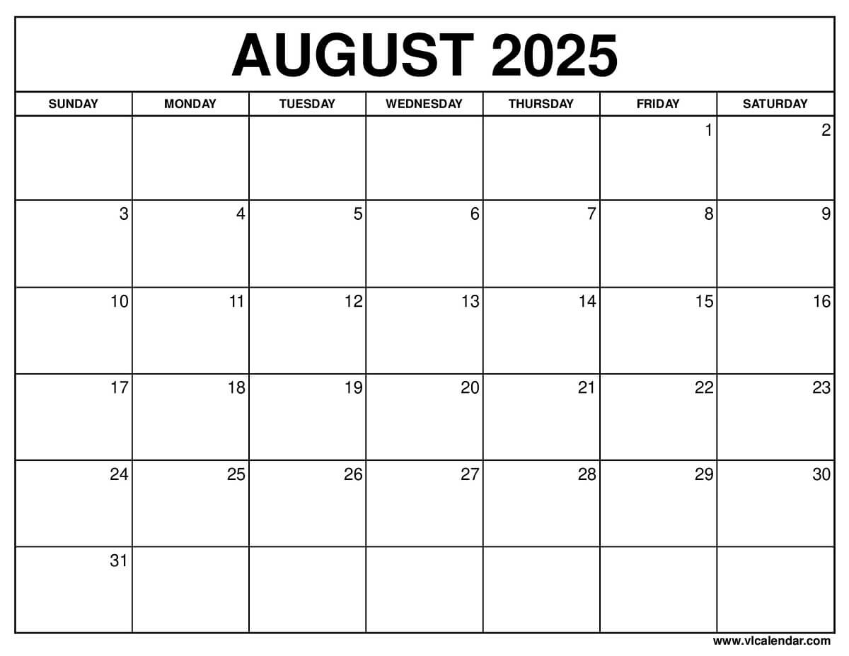 Blank Printable Monthly Calendar August