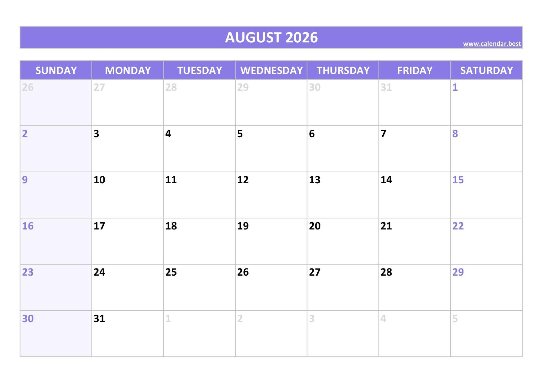 Blank Calendar August 2026 With Holidays