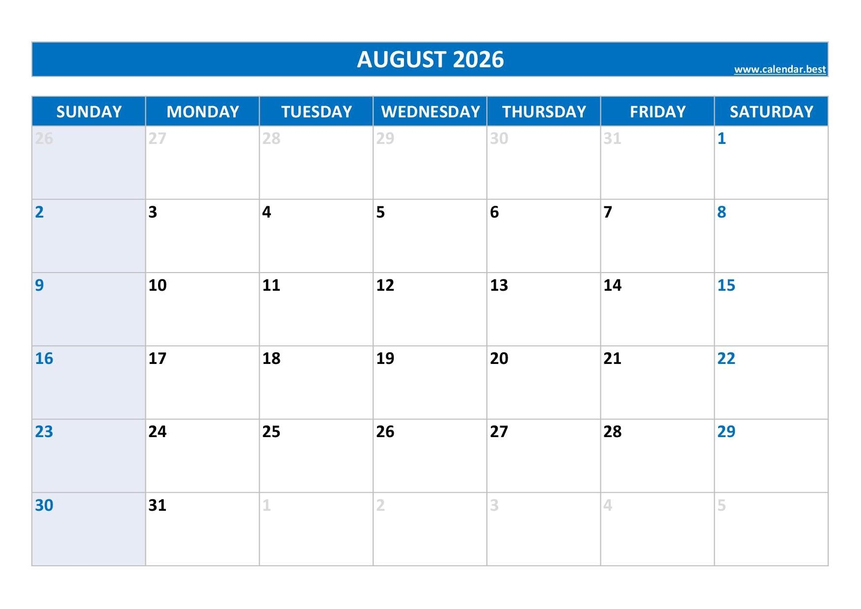 Blank Monthly Calendar Printable 2026 August
