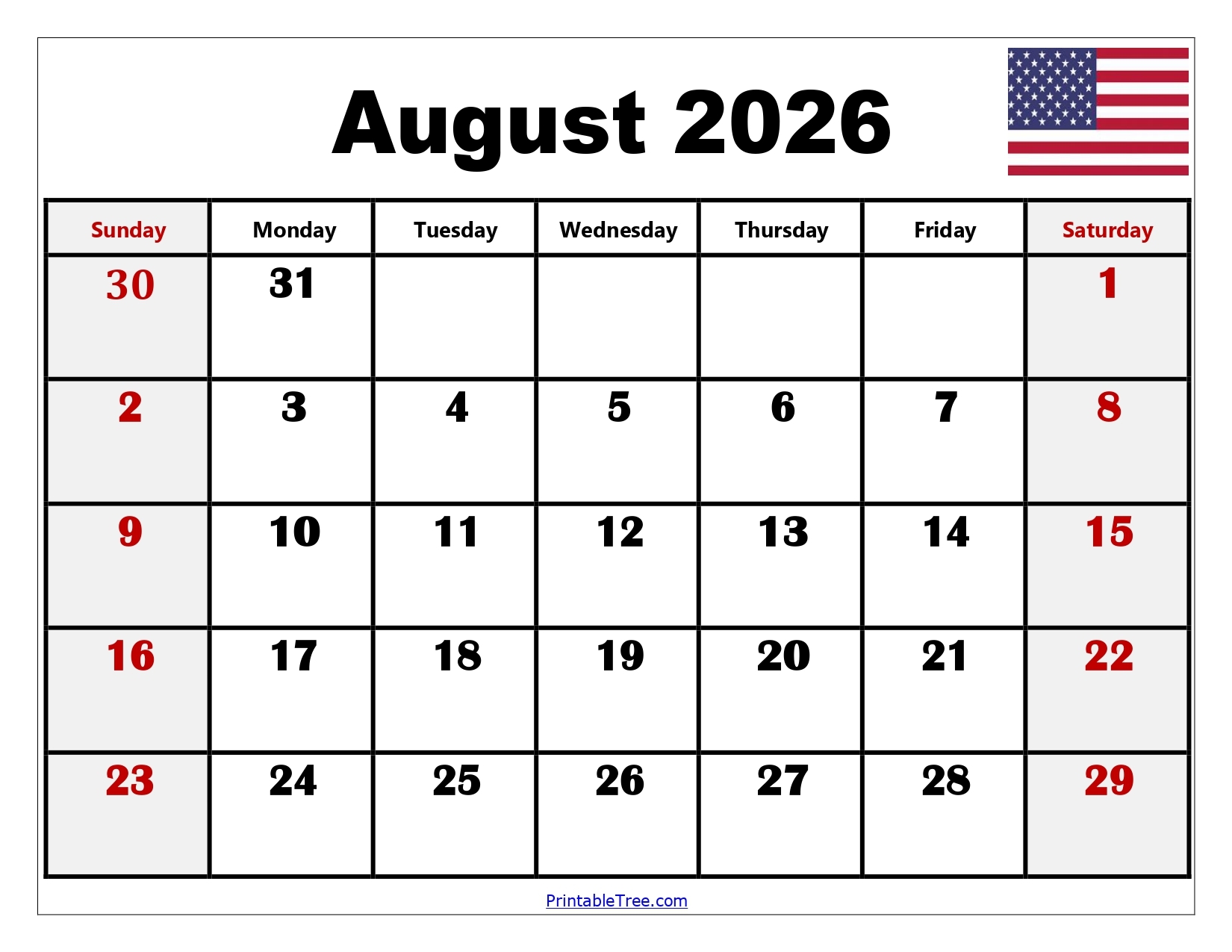 Blank Calendar 2026 August Printable