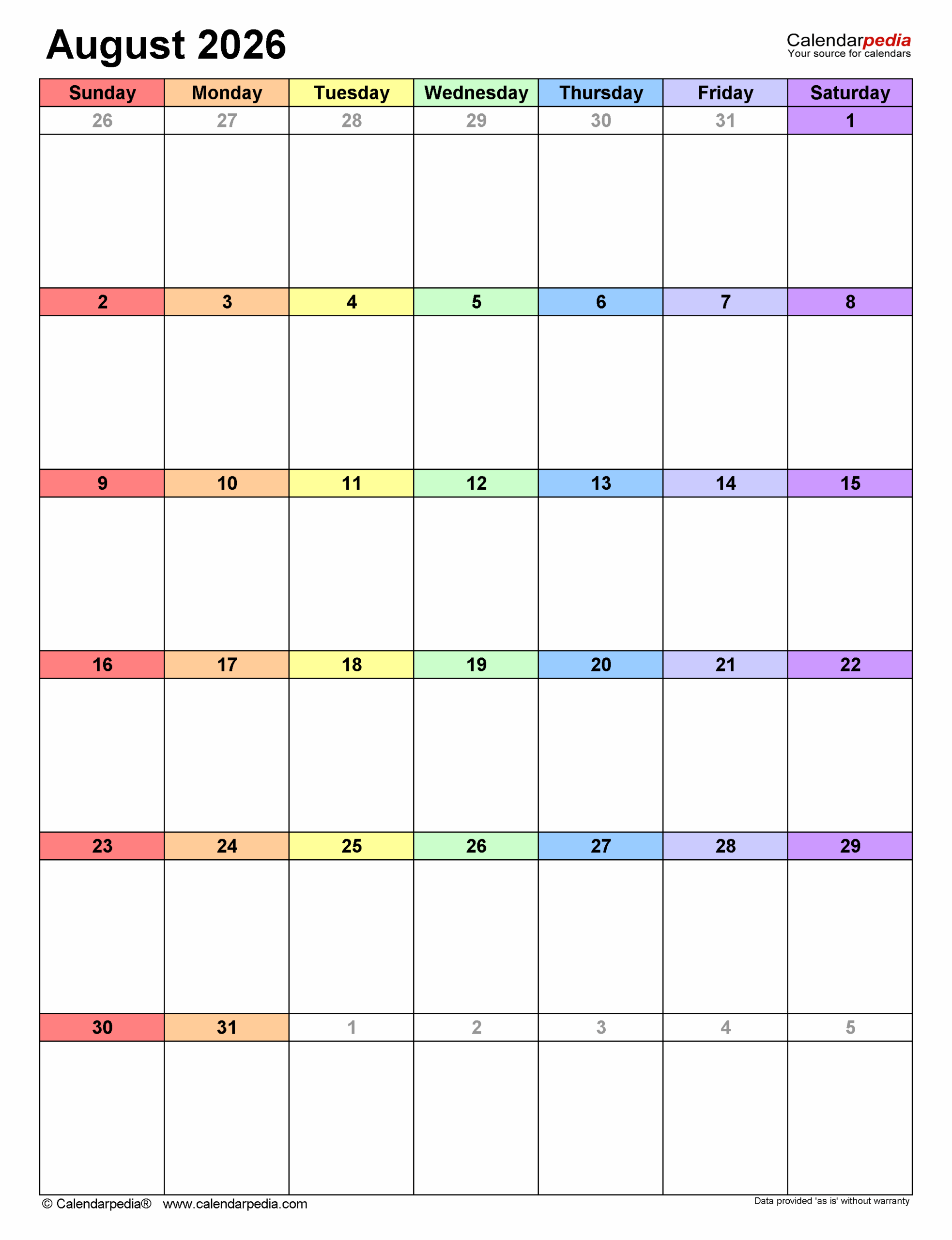 August 2026 Calendar Templates For PDF Excel And Word