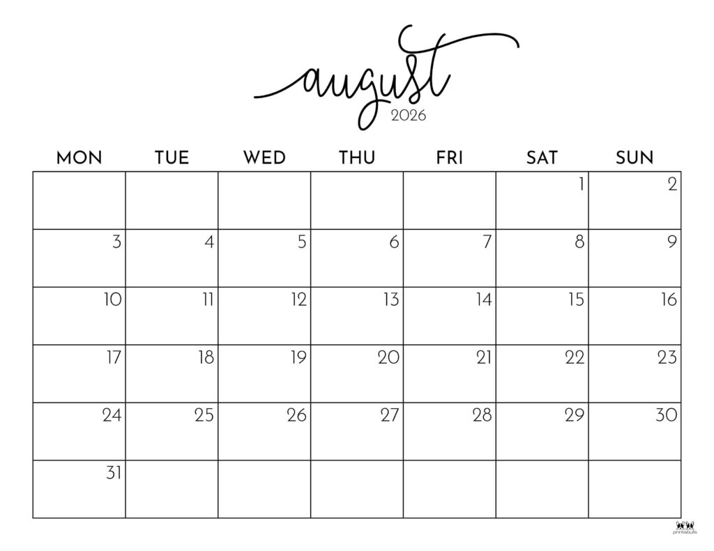 Free Printable Monthly Calendar August 2026