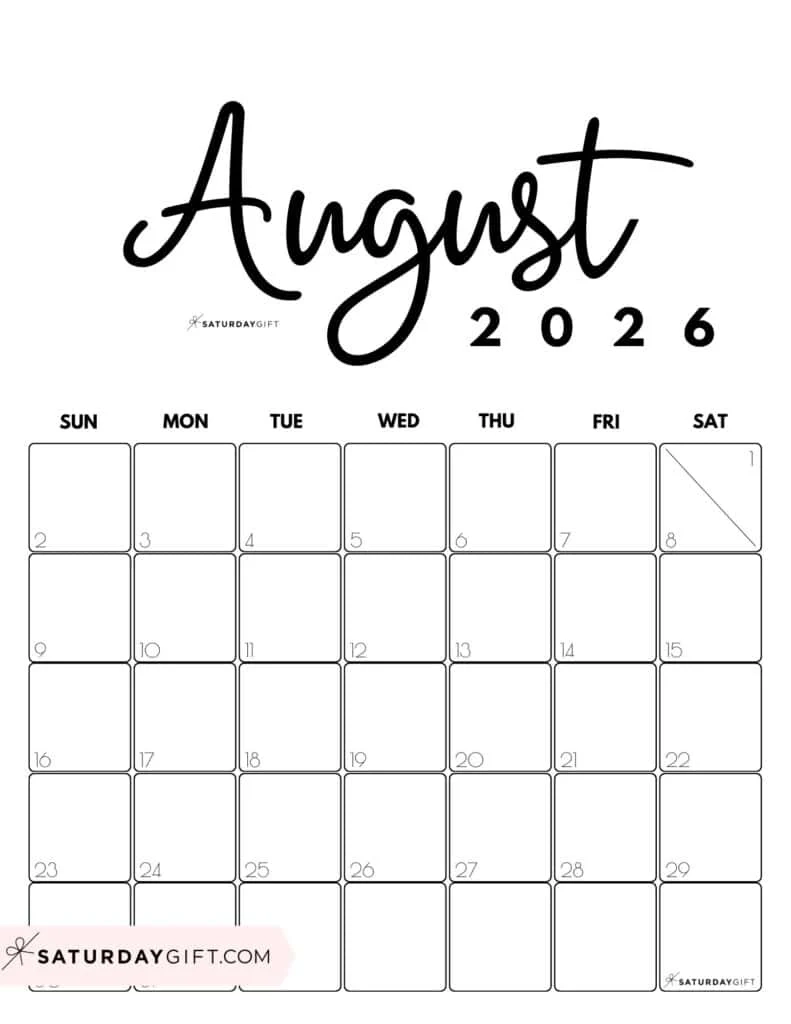 August 2026 Calendars 23 Cute Free Printable PDFs By SaturdayGift