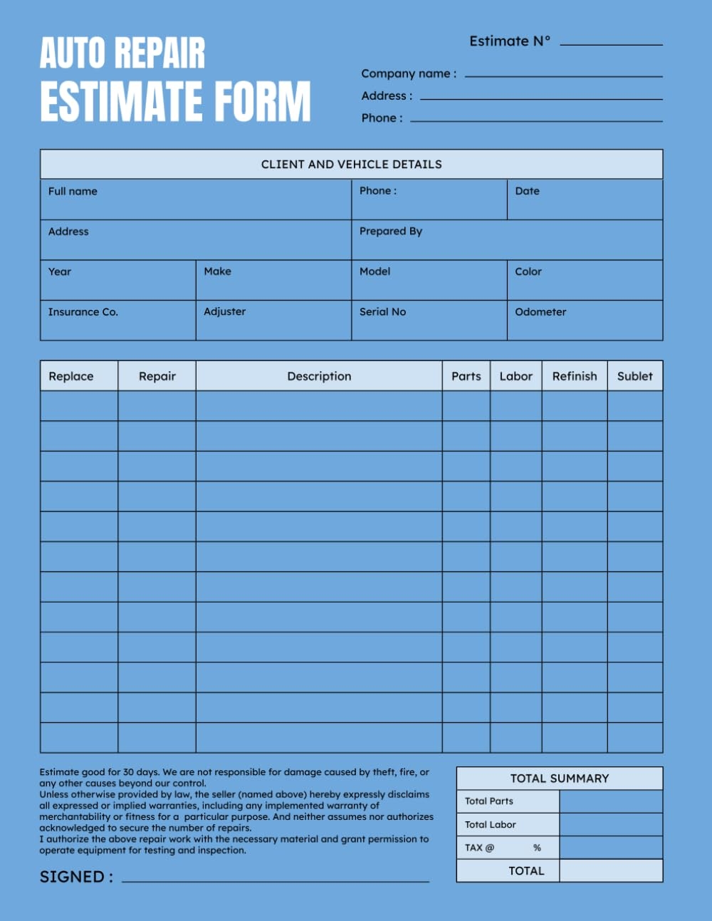 Printable Auto Repair Estimate Template