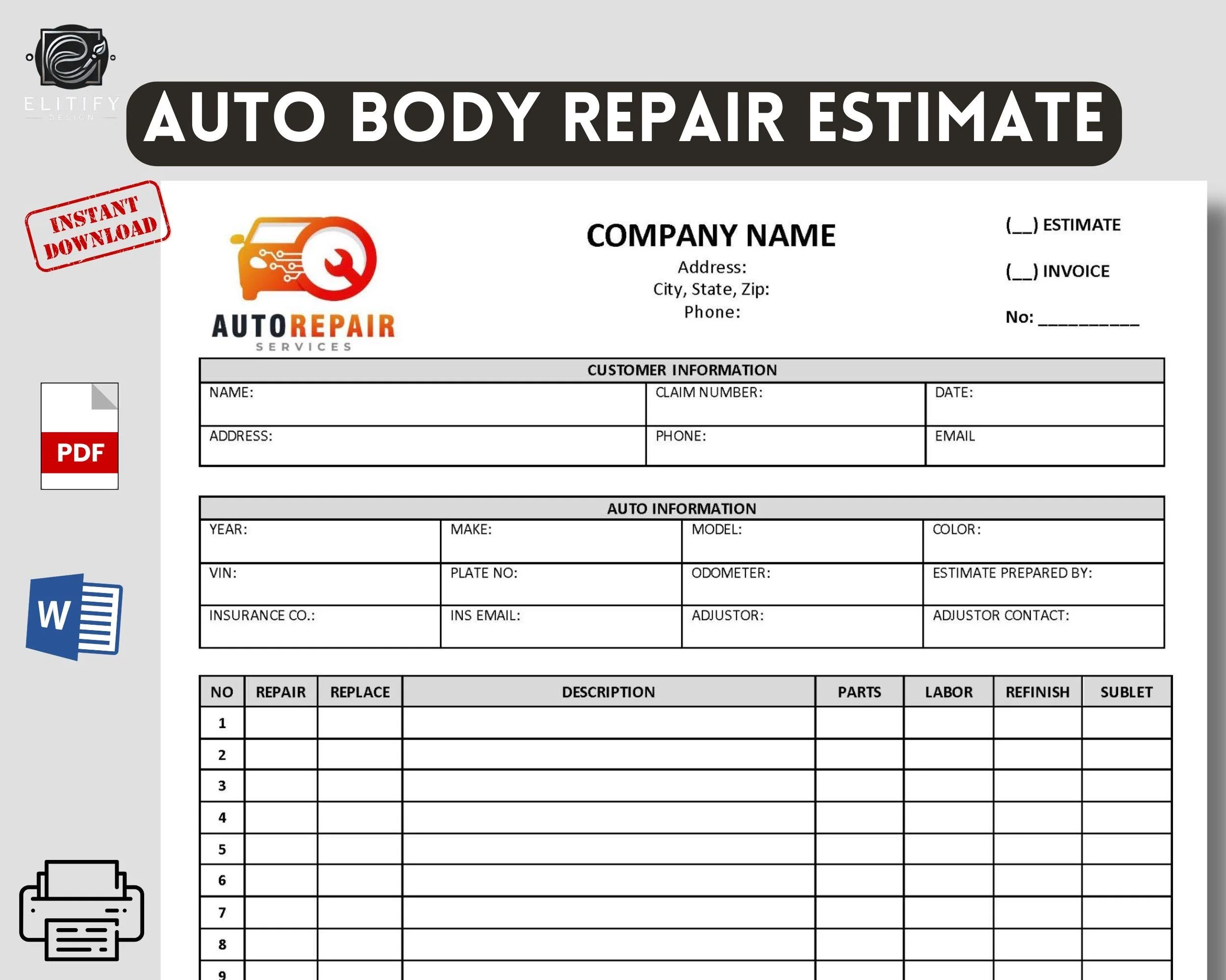 Auto Repair Estimate Template Editable Word And Printable PDF 