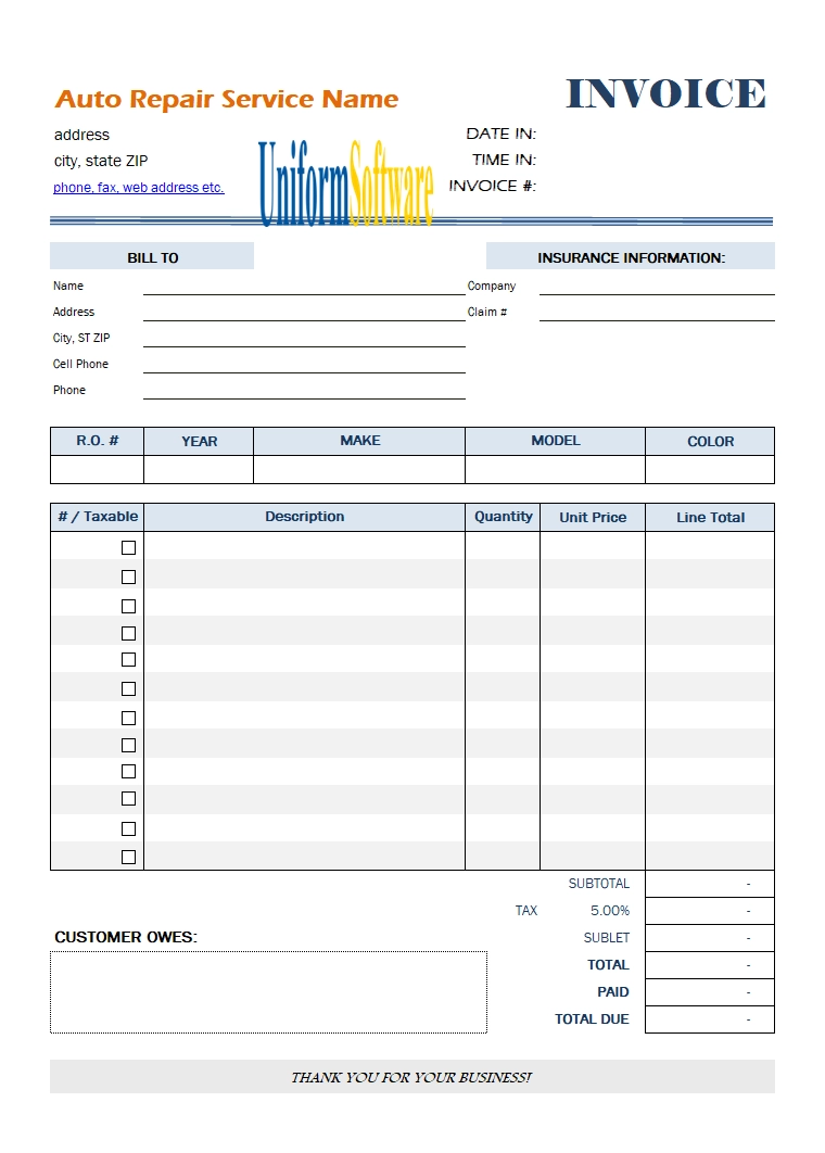 Free Printable Auto Repair Invoice Template
