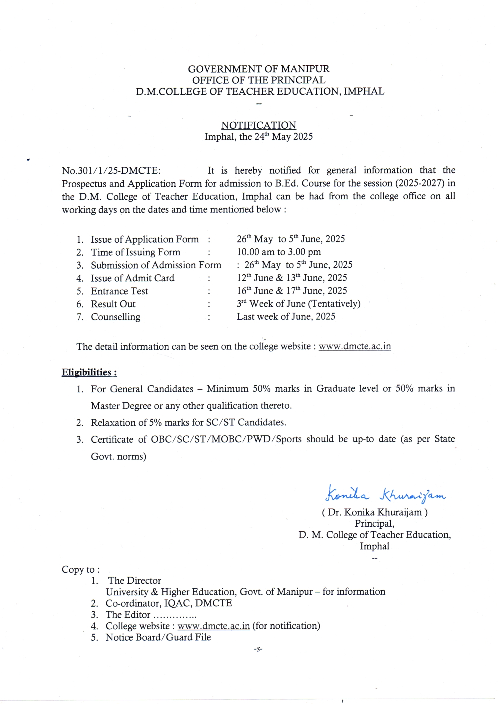 B ED ADMISSION NOTICE FOR THE SESSION 2025 27 SESSION D M 