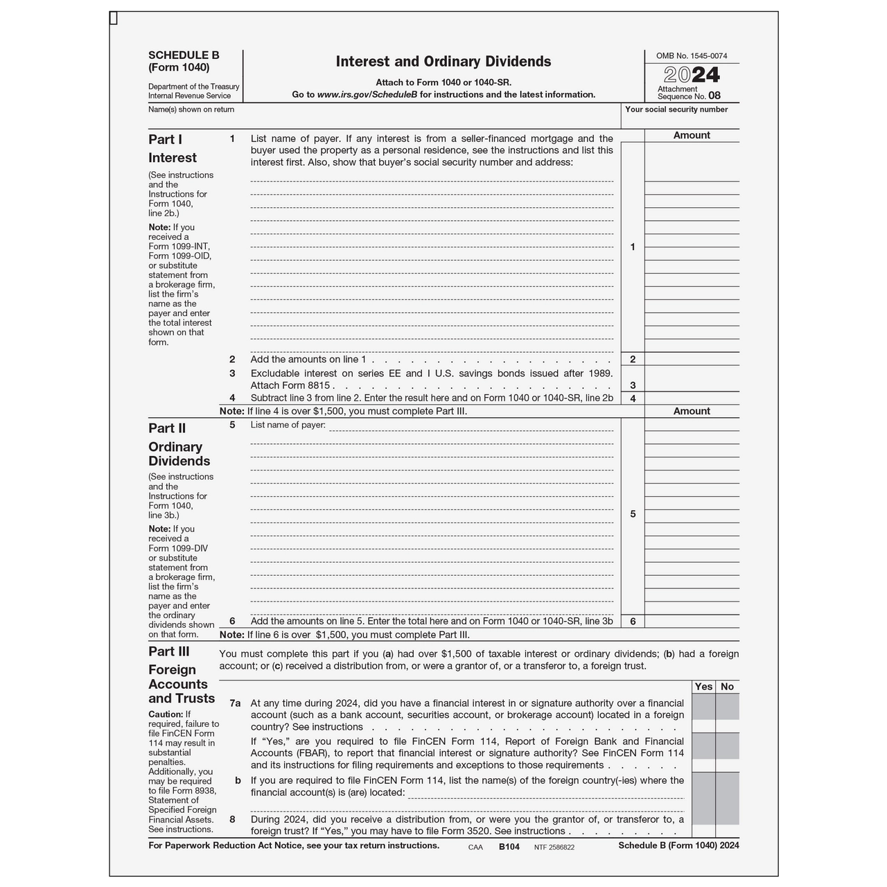 B104 Form 1040 amp 1040 A Schedule B Interest And Ordinary Dividends