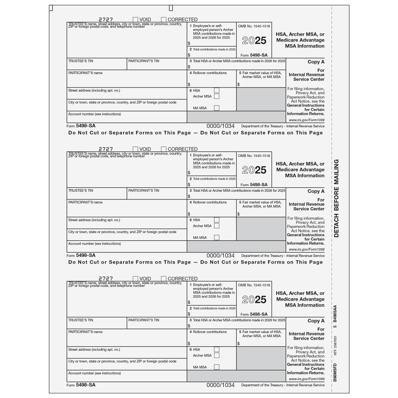 B98MSFD05 Form 5498 SA HSA Archer MSA Or Medicare Advantage MSA Information Copy A Federal