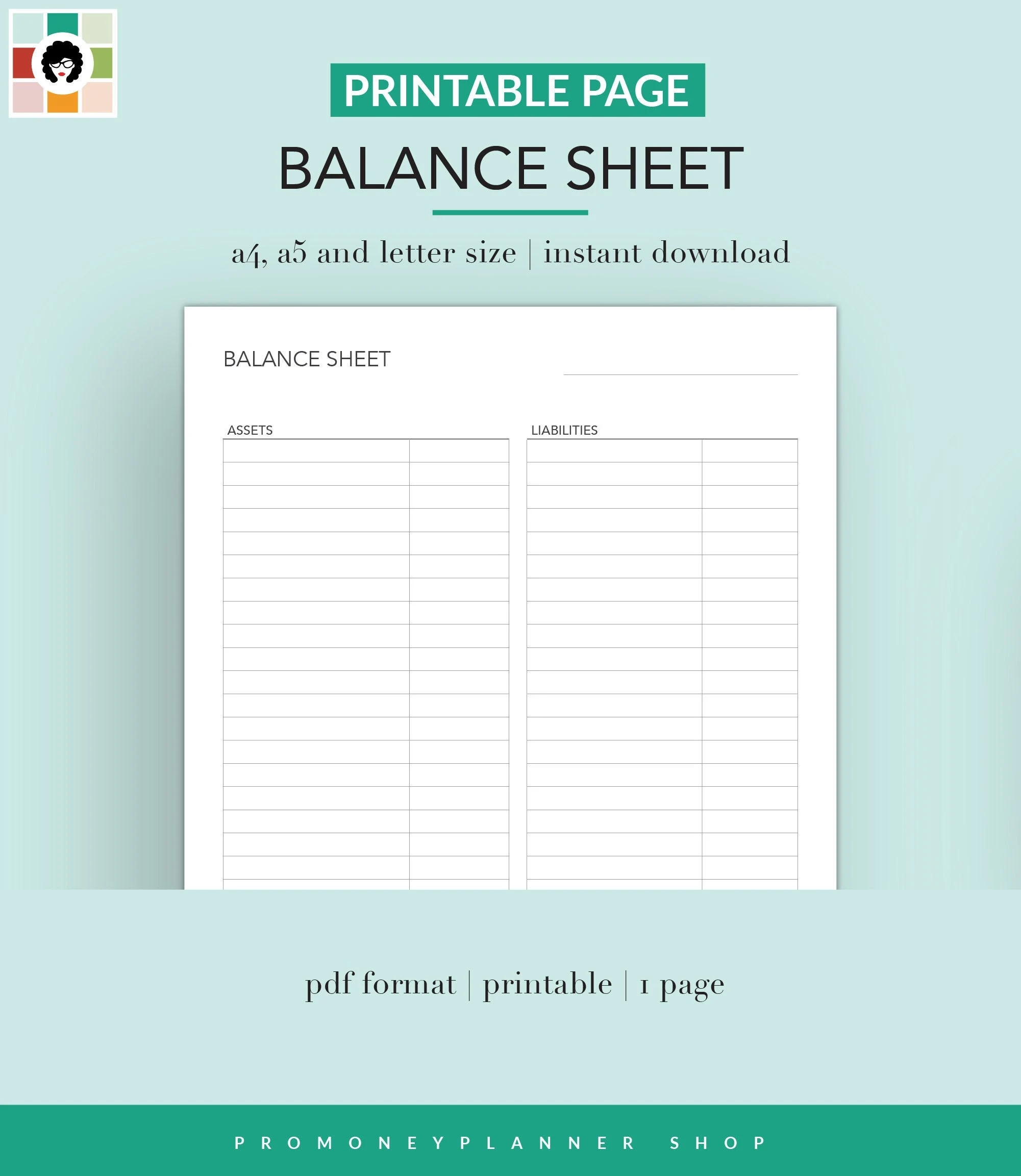 Balance Sheet Printable PDF Letter A4 A5 Instant 