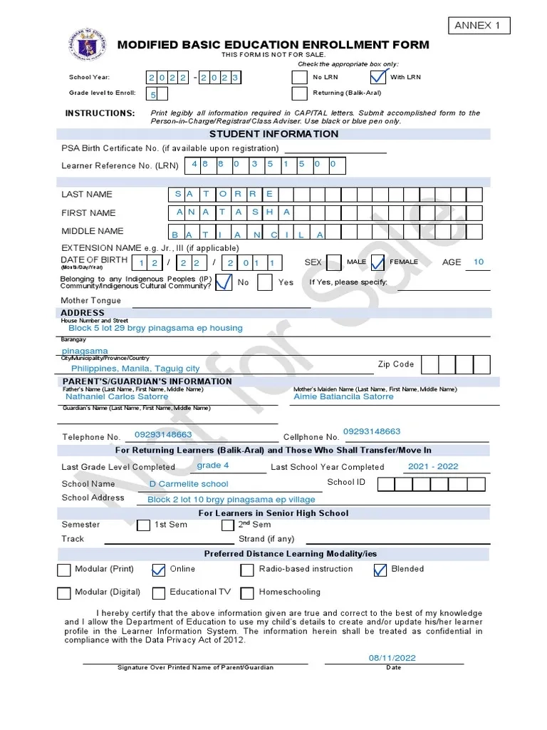 basic education enrollment form pdf