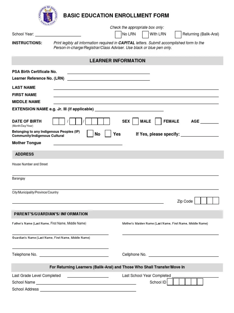 Enrolment Form 2025 Deped