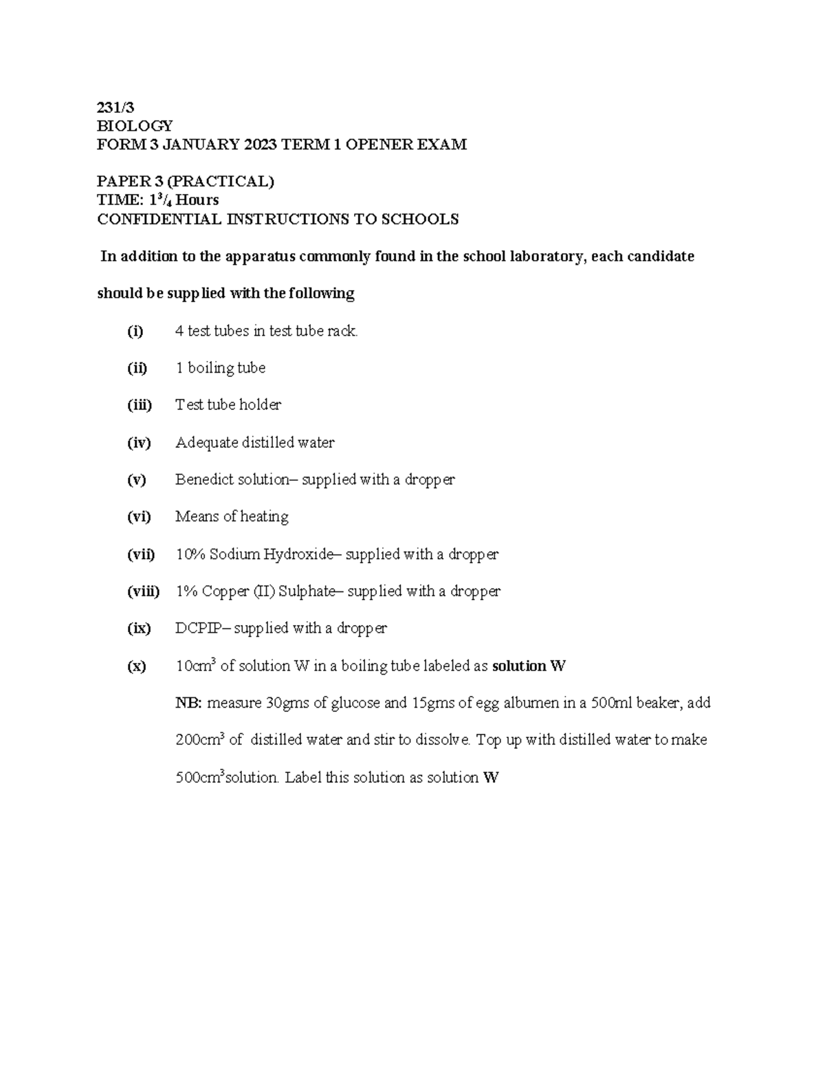 Form 3 Opener Exams Term 1