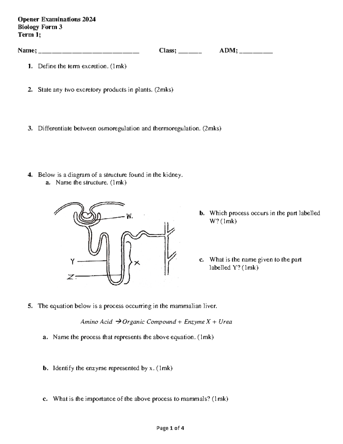 Biology Form 3 Term 1 Opener Exam Questions 2024 Studocu