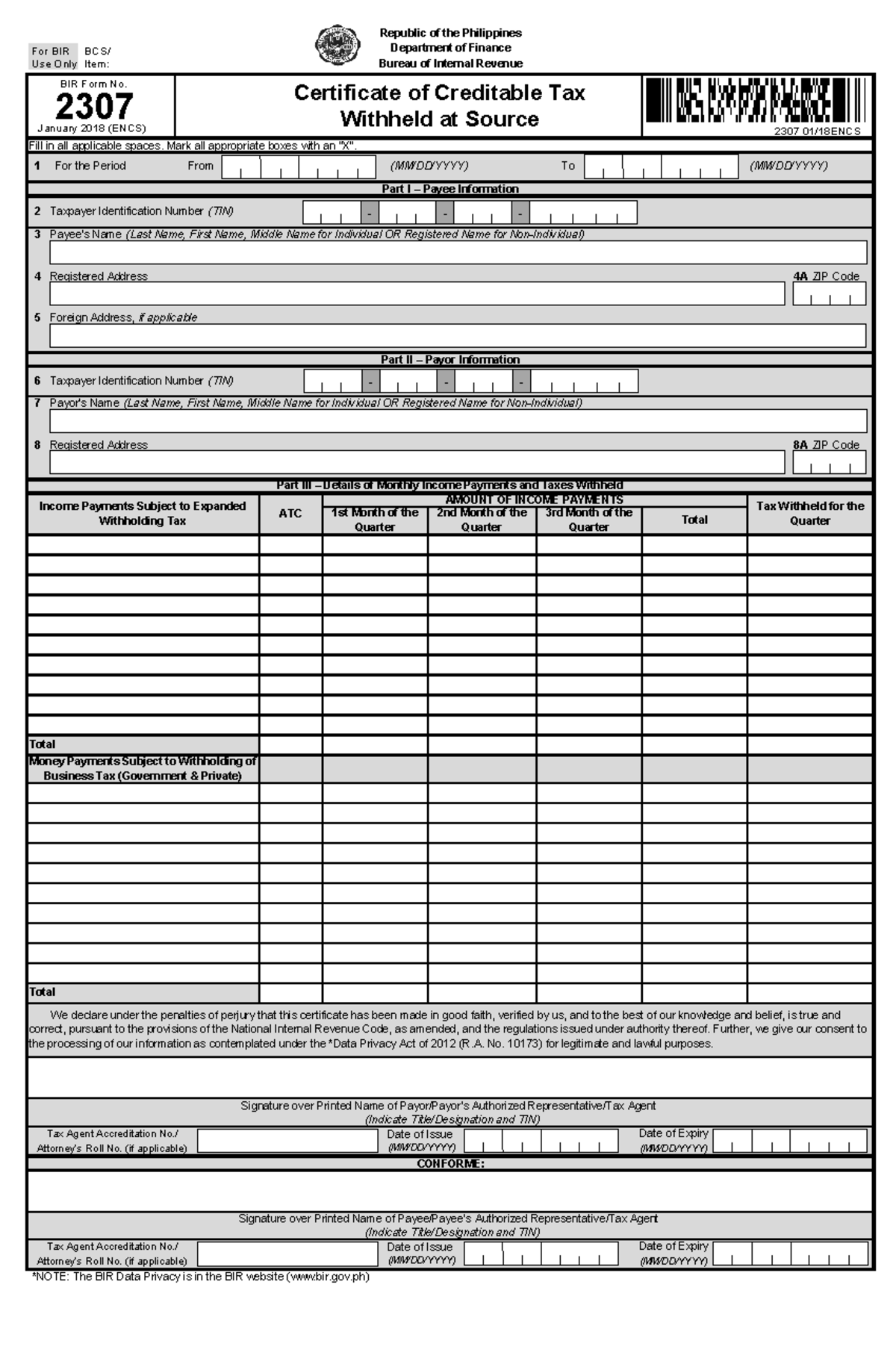 Bir Form 2307 Download Editable