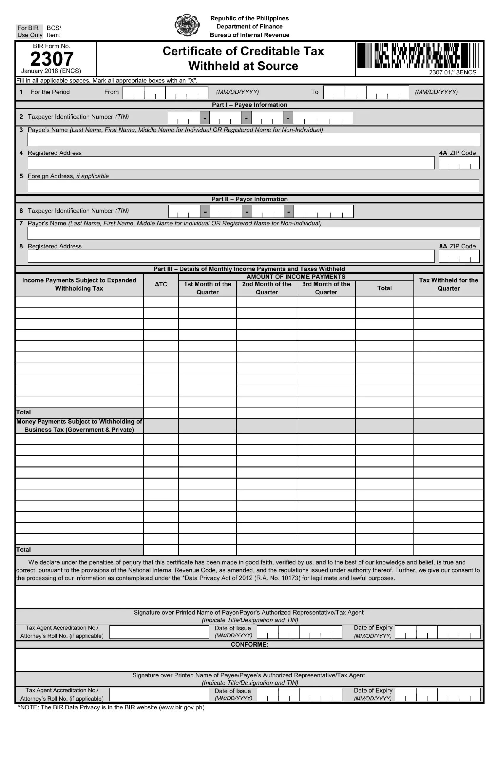 Bir Form 2307 Fill Out Printable PDF Forms Online