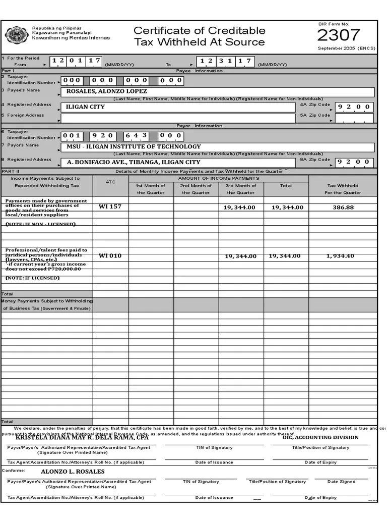Bir Form 2307 Sample PDF Withholding Tax Corporate Tax