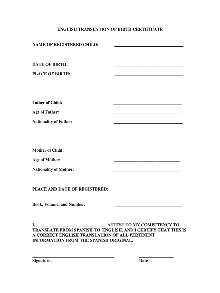 Birth Cert English Translation Form Fill Online Printable 