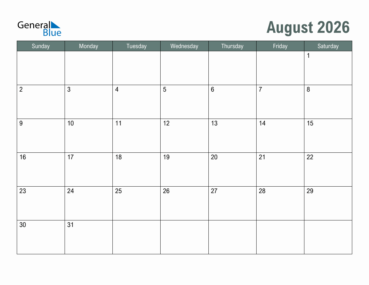 August Blank Calendar 2026 Fillable