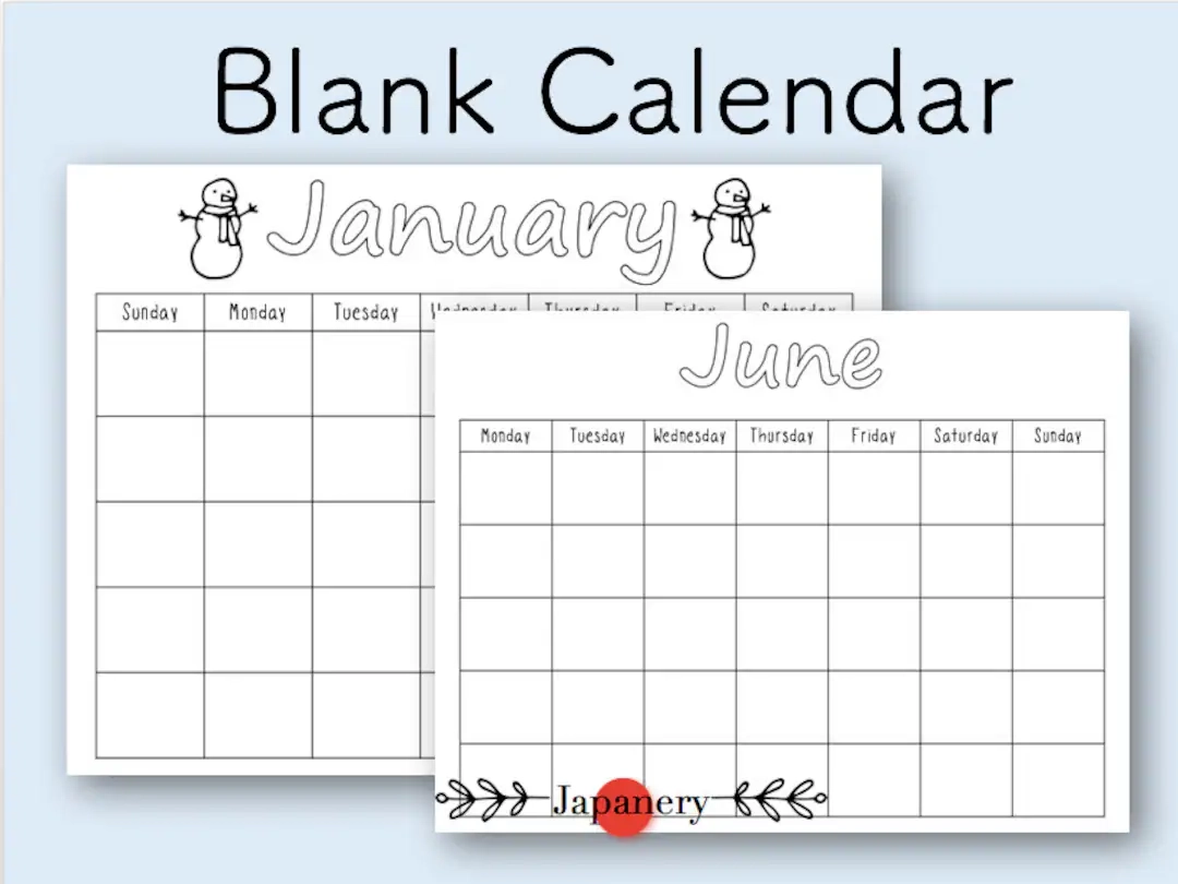 Blank Calendar Kids Calendar School Calendar Homeschool 