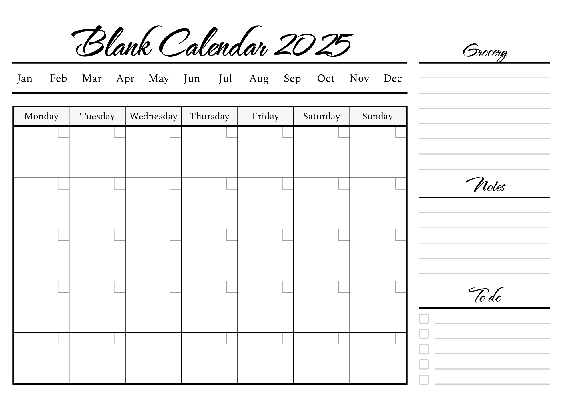 Blank Printable 2025 Calendar Pages