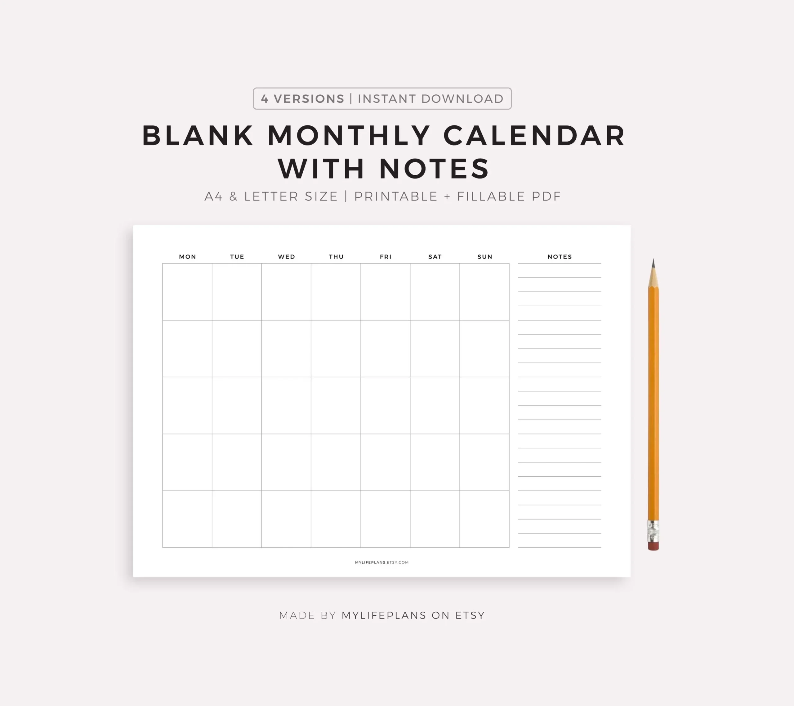 Etsy Printable Calendar Blank
