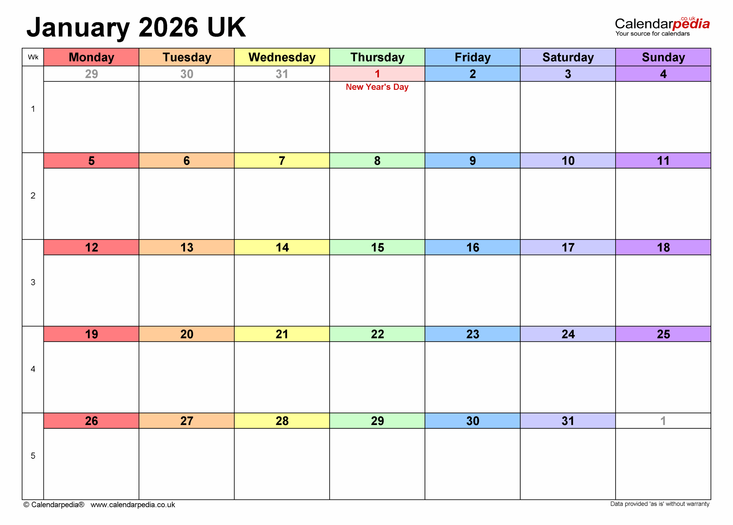 January 2026 Calendar Uk