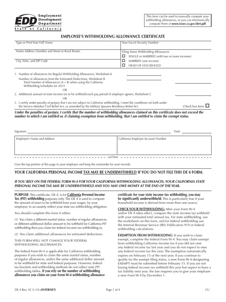 California DE 4 Withholding Form Guide PDF Withholding Tax 