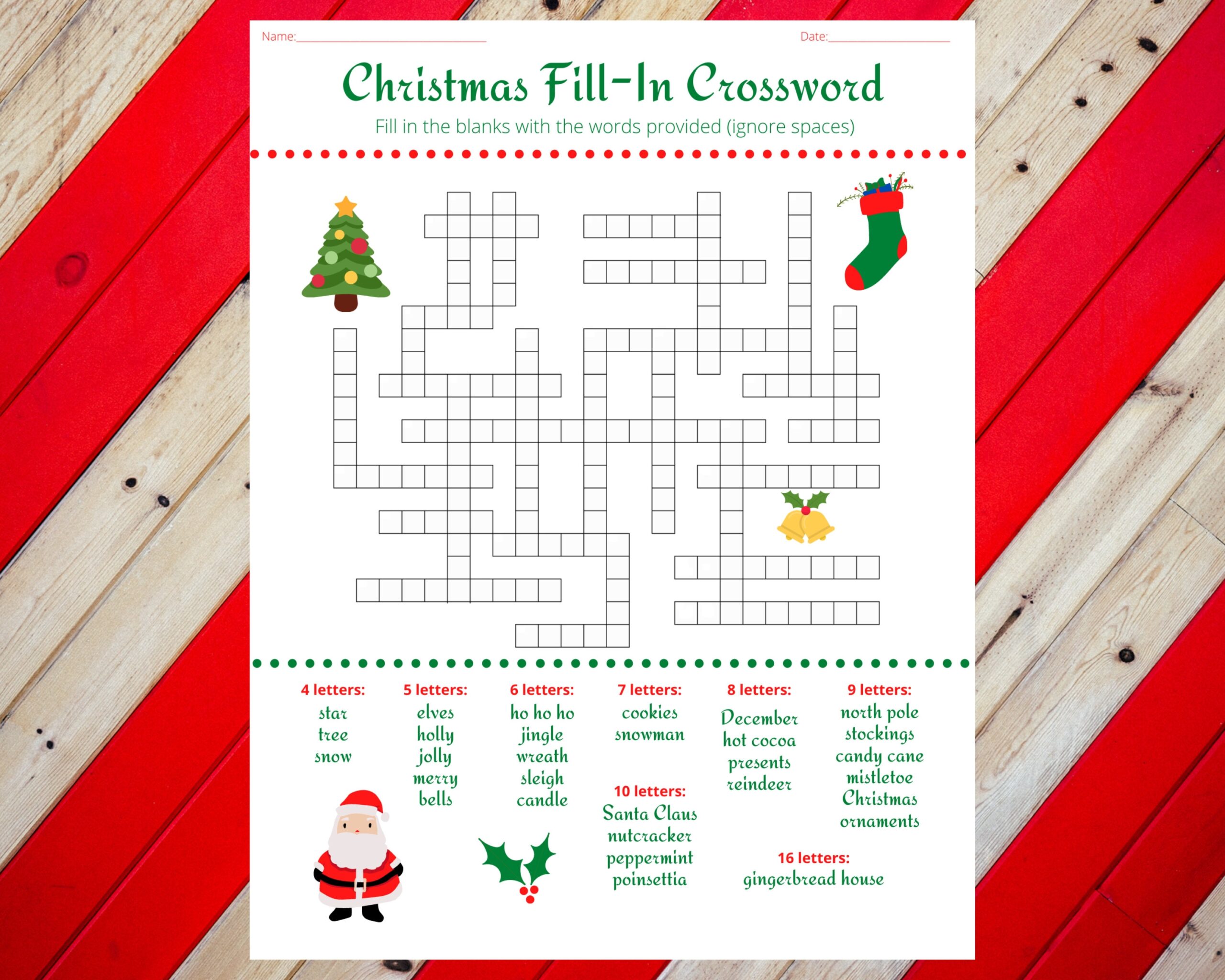 Christmas Holiday Fill In Crossword Puzzle Worksheet DIGITAL 