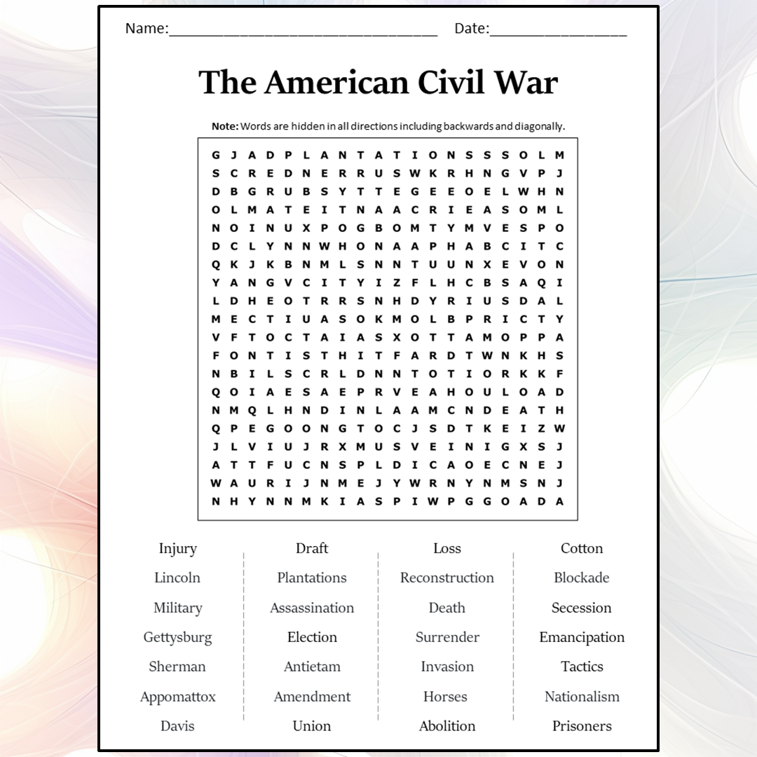 Civil War Word Search Printable Free