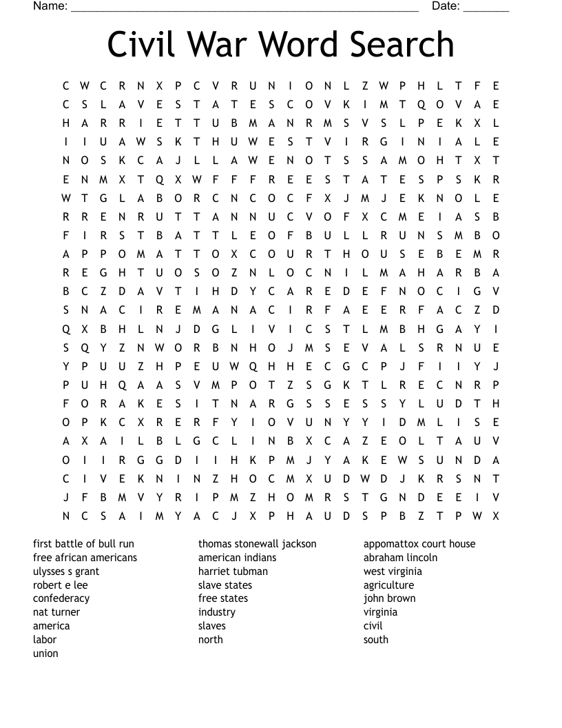 Civil War Word Search WordMint