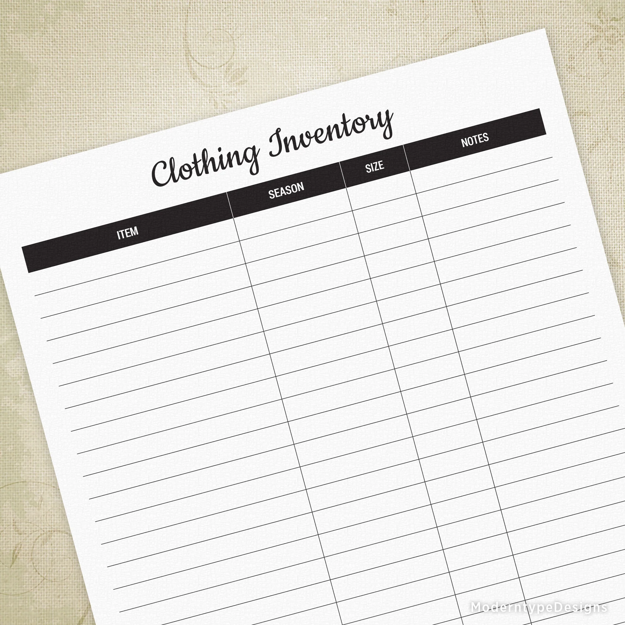 Clothing Inventory Printable