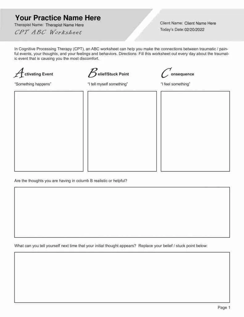 Cognitive Processing Therapy CPT ABC Worksheet Editable 