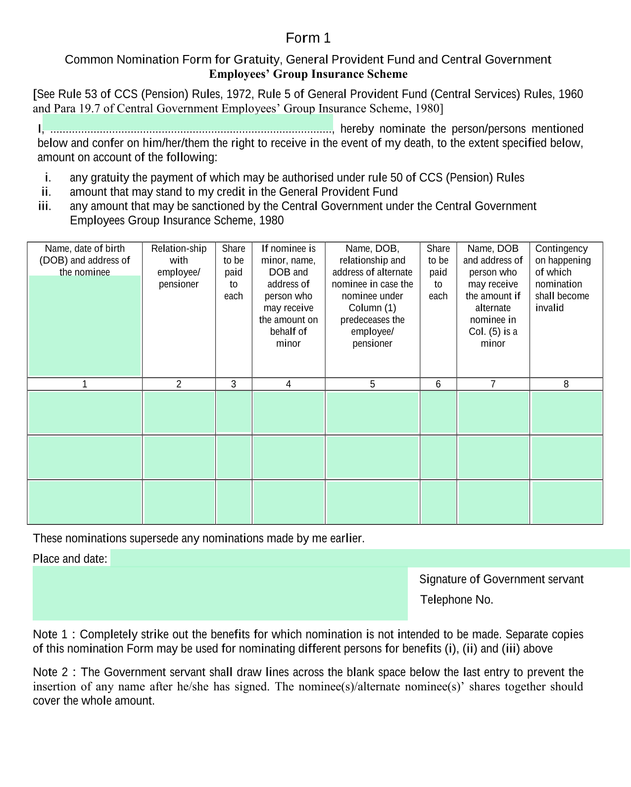 Common Nomination Form For Gratuity General Provident Fund And 