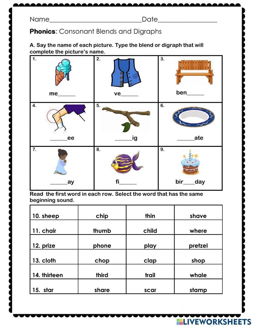 Consonant Blends amp amp Digraphs Worksheet Live Worksheets 