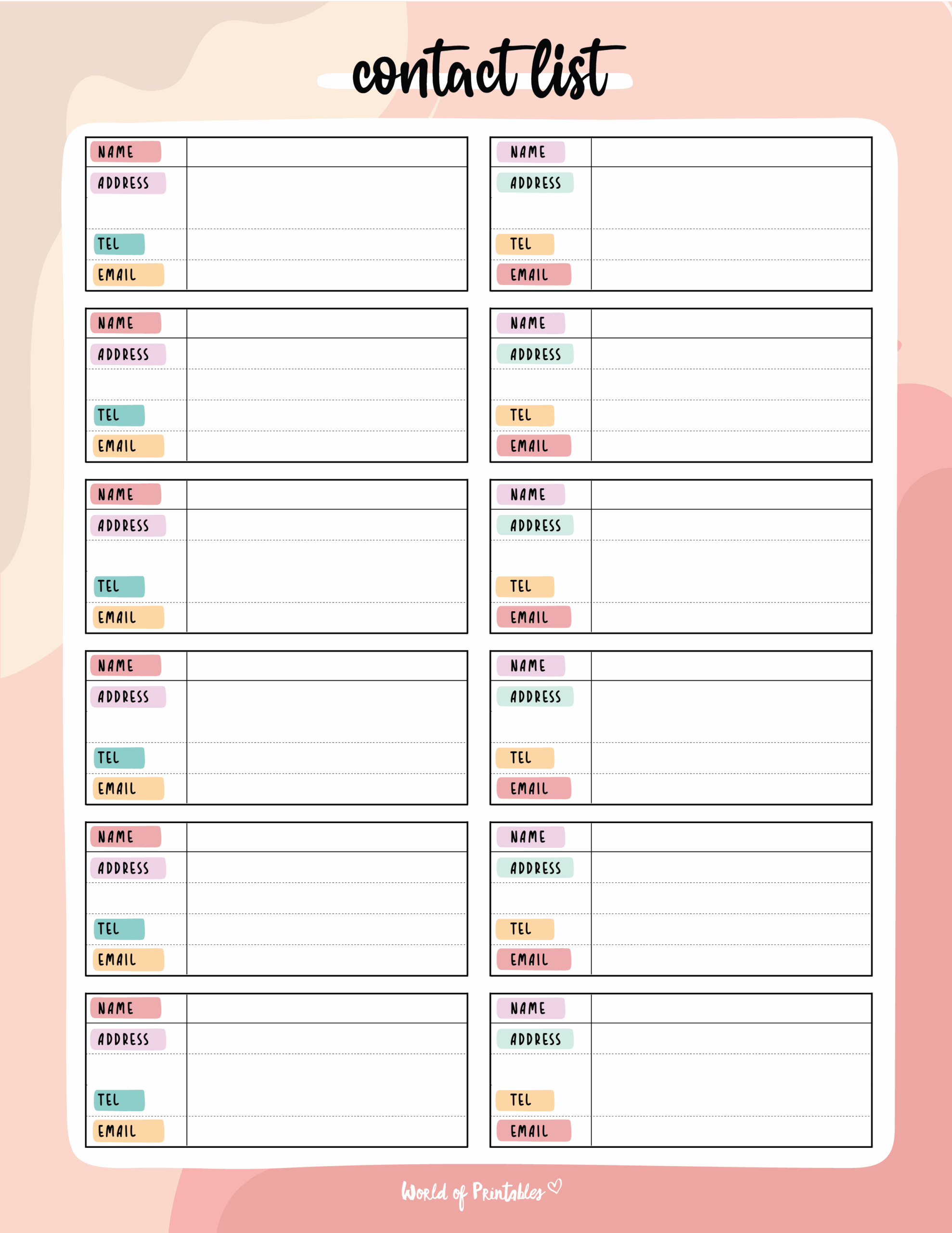 Printable Cute Contact List Template