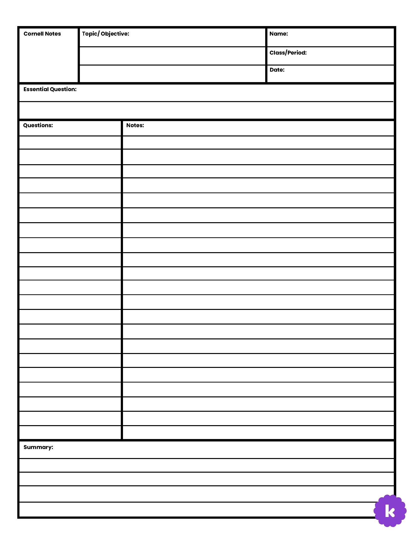 Printable Cornell Notes Template