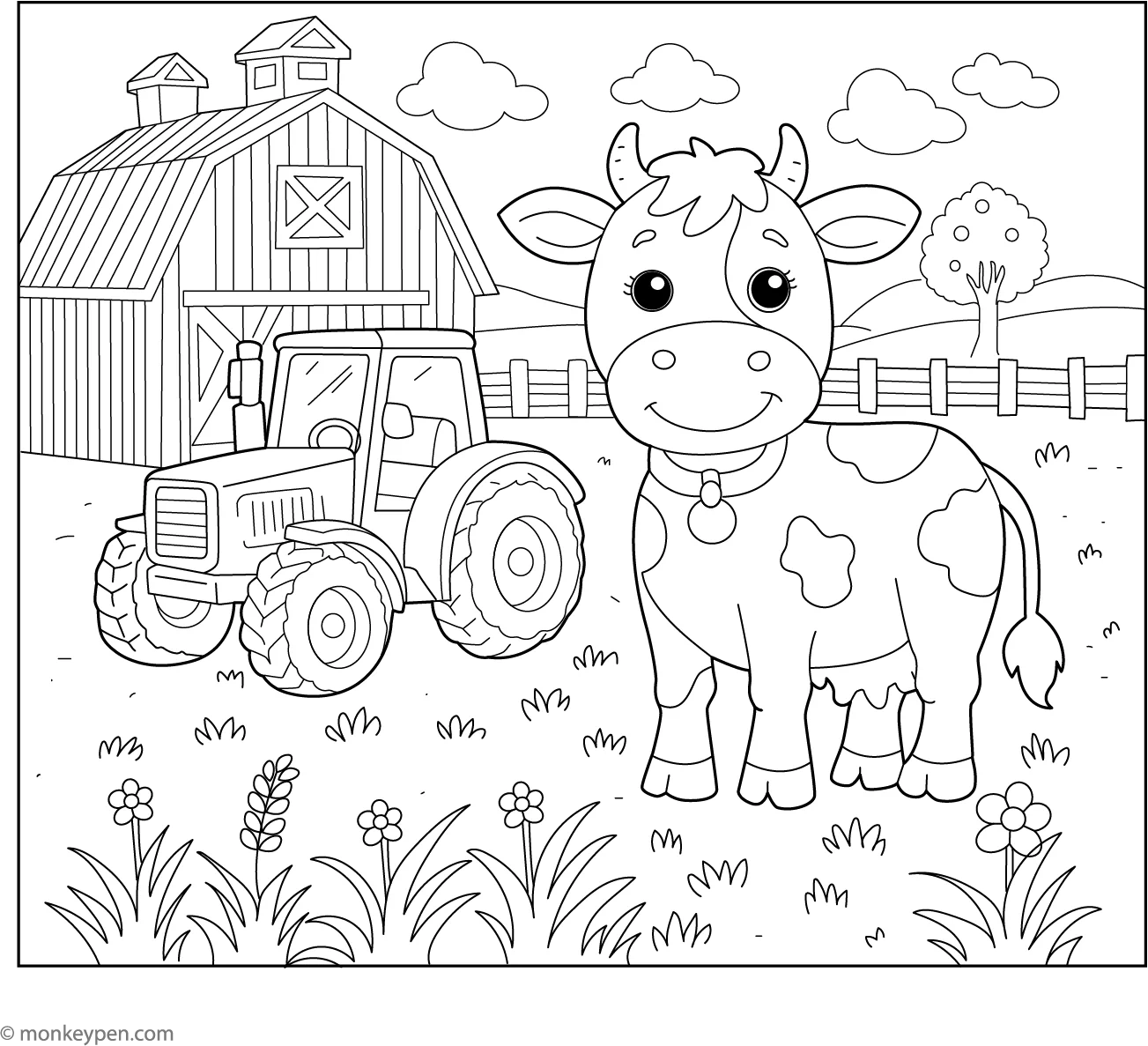 Cow And Tractor Coloring Page Fun Farm Scene For Kids