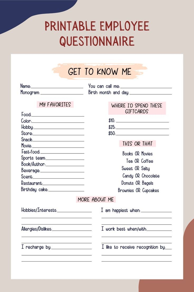 Coworker Questions Printable All About Me Employee Questionnaire 