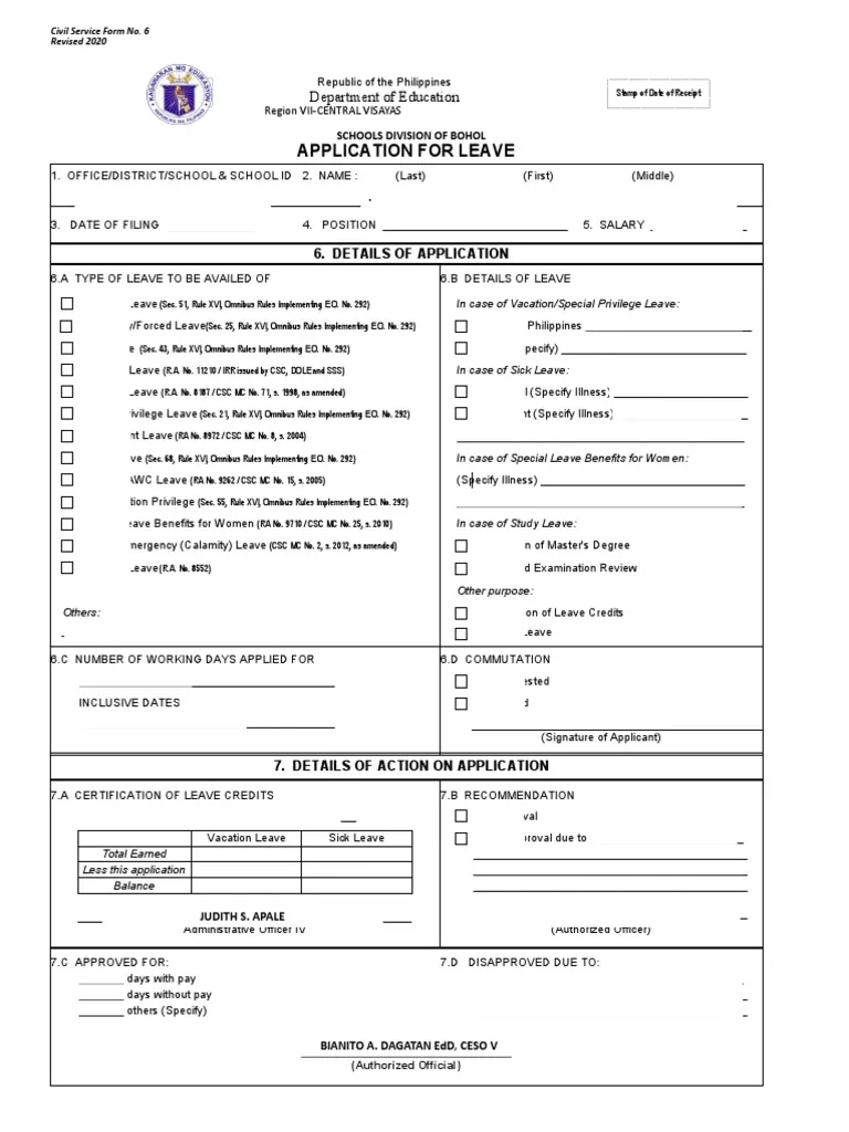 CS Form No 6 Revised 2020 Application For Leave Fillable 