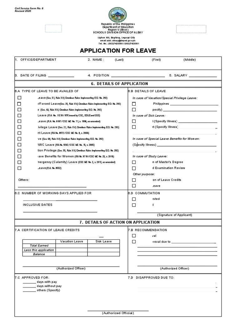 CS Form No 6 Revised 2020 Application For Leave2021 PDF 