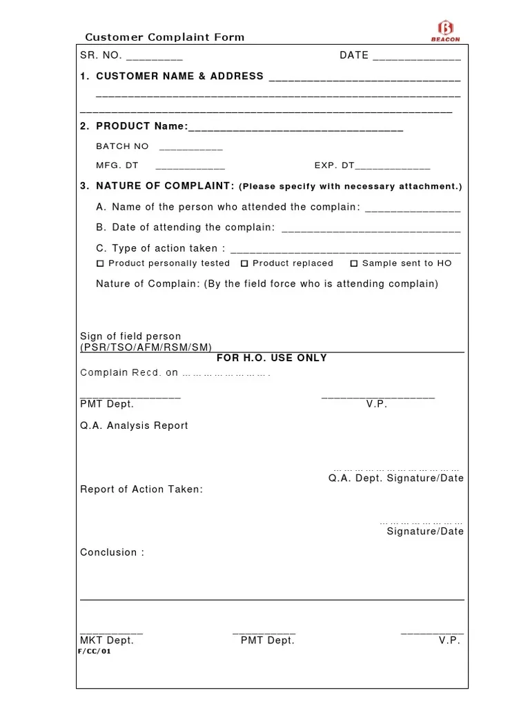 Complaint Form Template Pdf