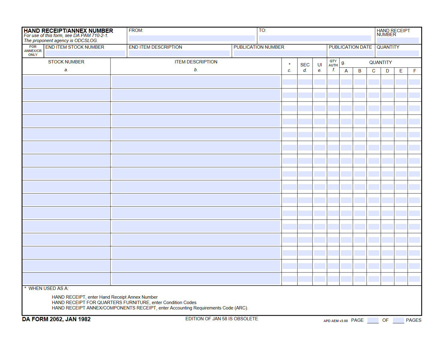 DA Form 2062 Hand Receipt Fill Out Printable PDF Forms Online 