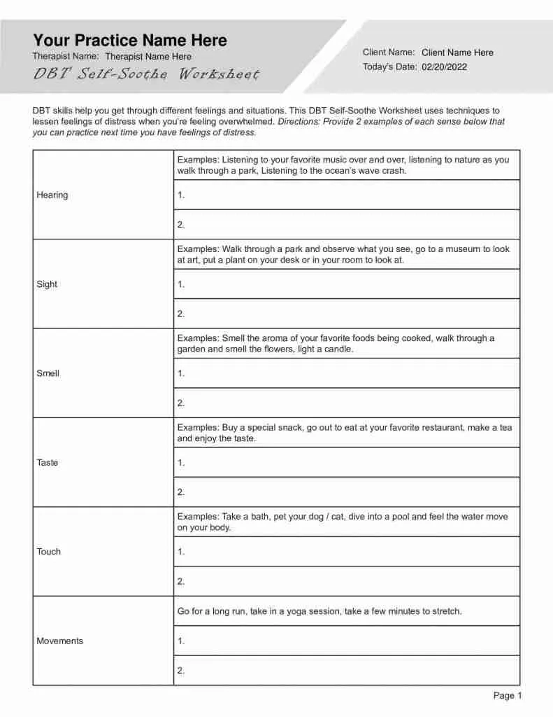 DBT Self Soothe Worksheet Editable Fillable Printable PDF 