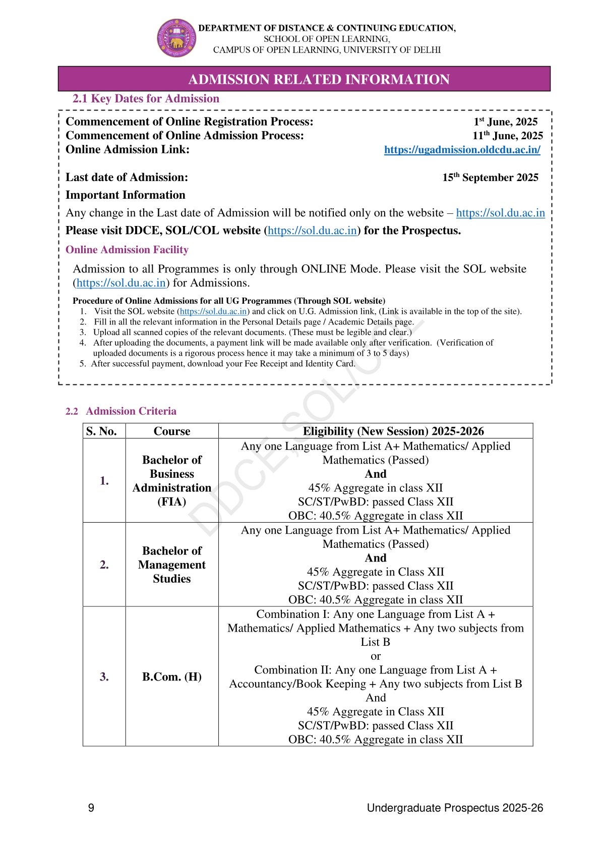 DDCE COL SOL Admission 2024 2025