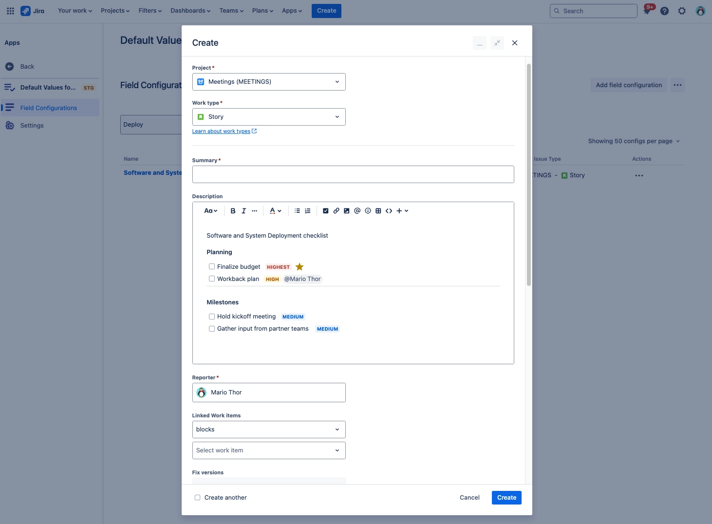 default values for create issue screen issue templates