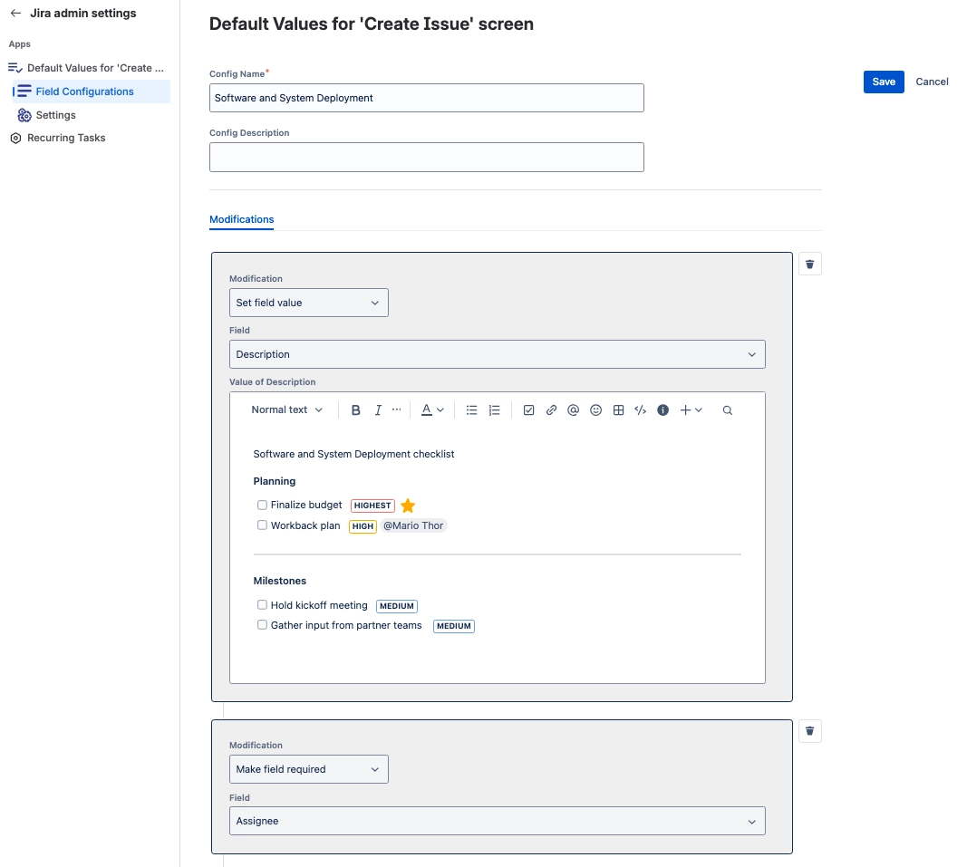 default values for create issue screen issue templates